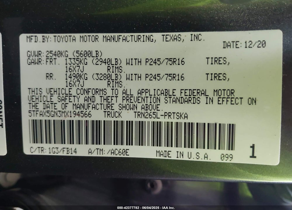 2021 TOYOTA TACOMA VIN: 5TFAX5GN3MX194566