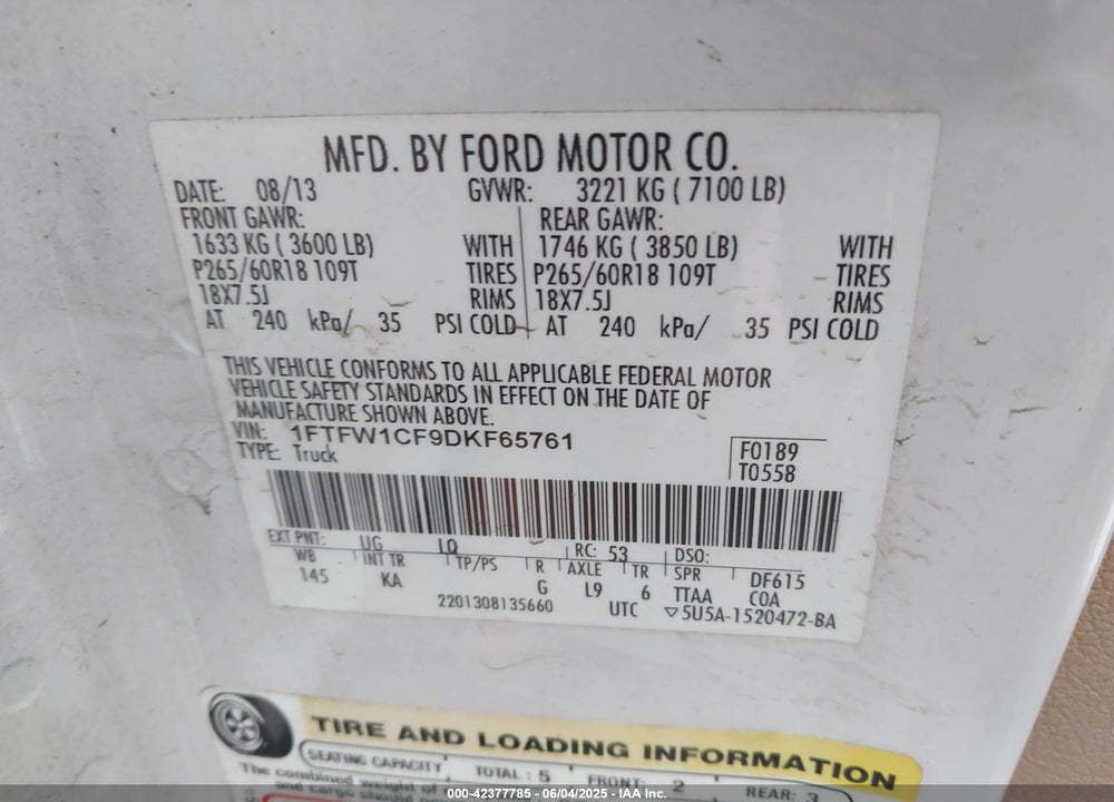 2013 FORD F-150 VIN: 1FTFW1CF9DKF65761