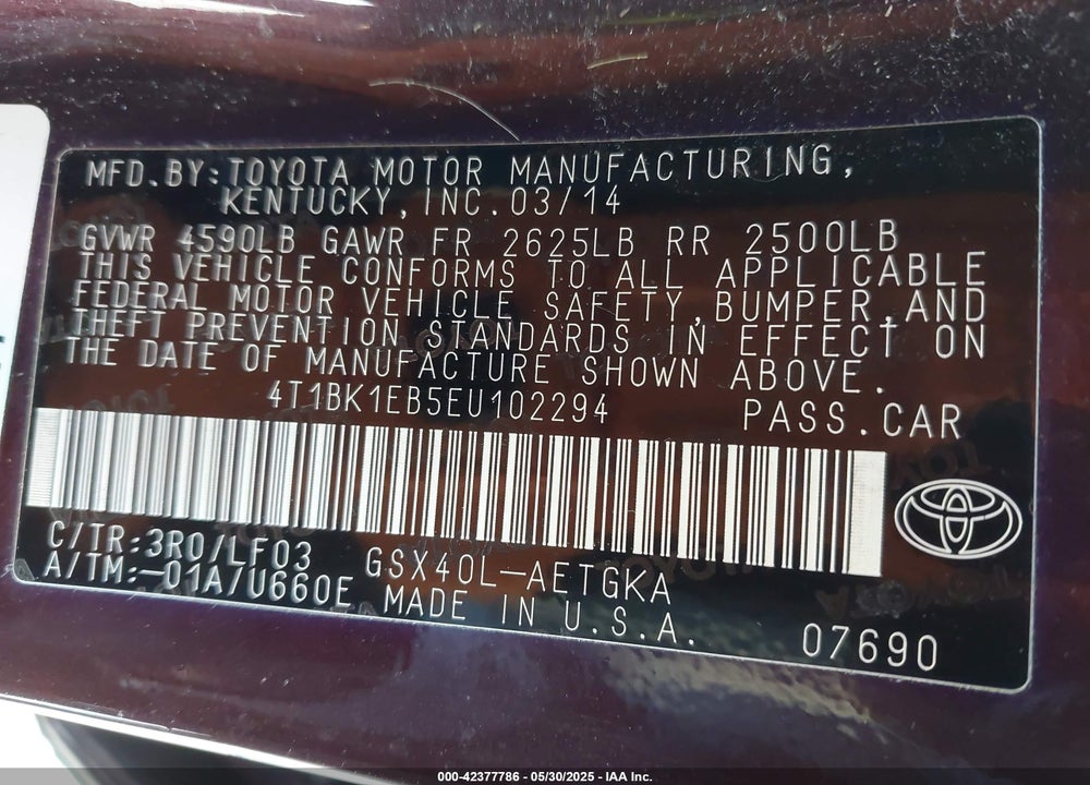 2014 TOYOTA AVALON VIN: 4T1BK1EB5EU102294