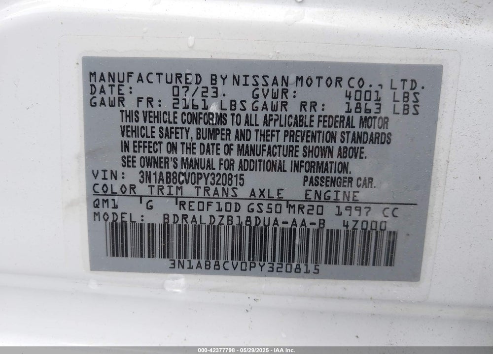 2023 NISSAN SENTRA SV XTRONIC CVT VIN: 3N1AB8CV0PY320815