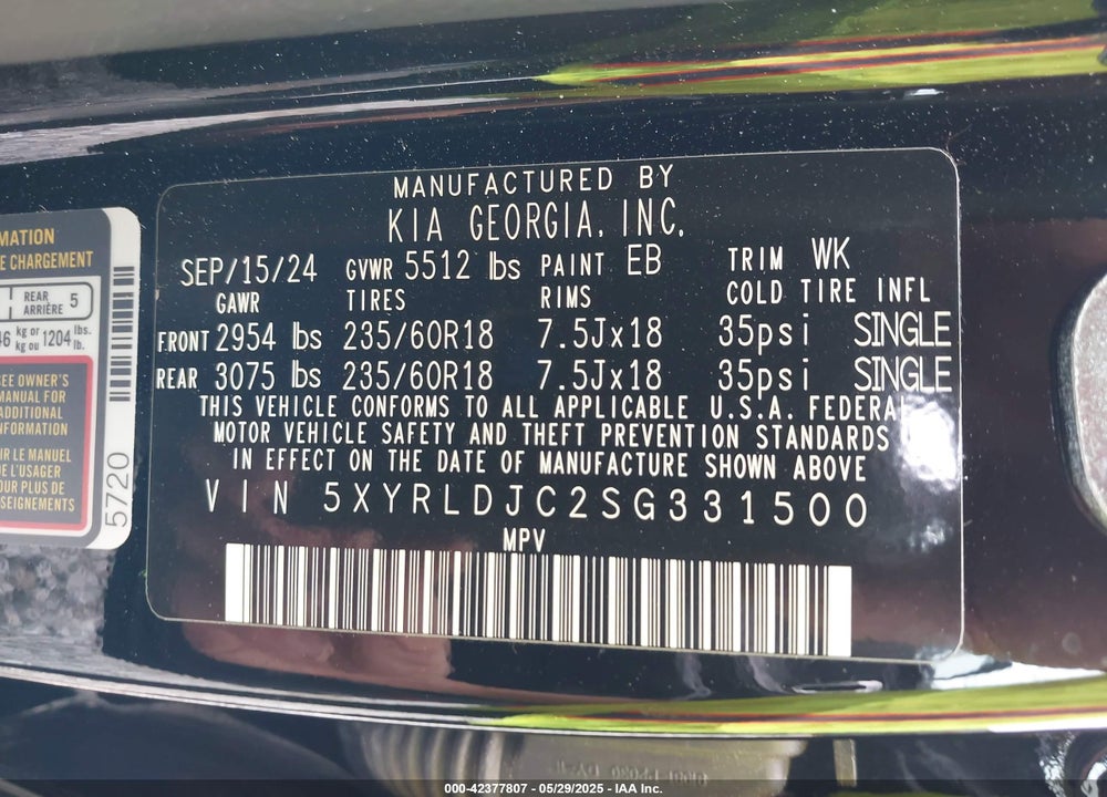 2025 KIA SORENTO VIN: 5XYRLDJC2SG331500