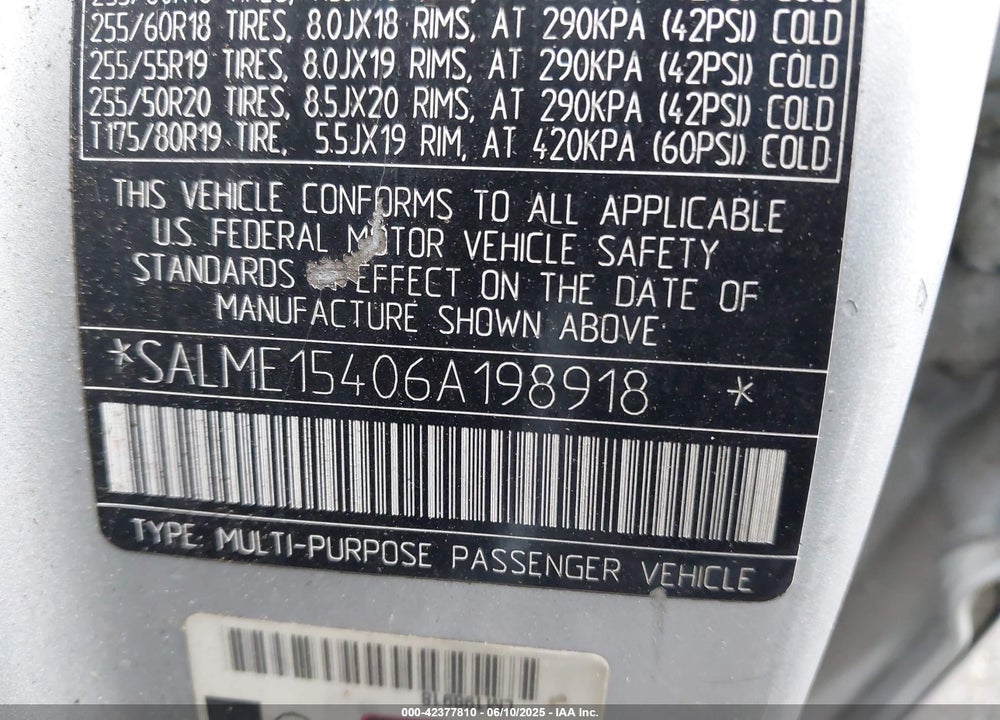 2006 LAND ROVER RANGE ROVER VIN: SALME15406A198918