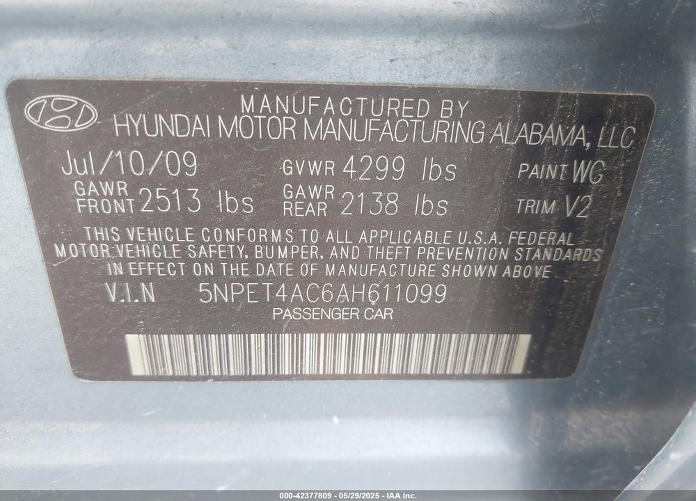 2010 HYUNDAI SONATA VIN: 5NPET4AC6AH611099