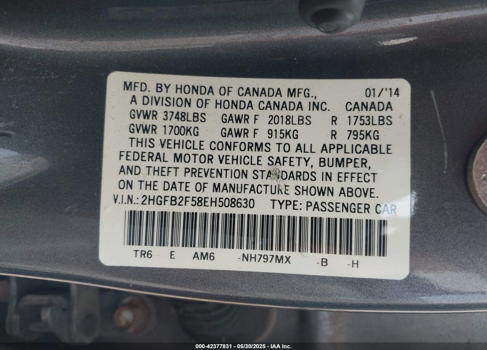 2014 HONDA CIVIC VIN: 2HGFB2F58EH508630
