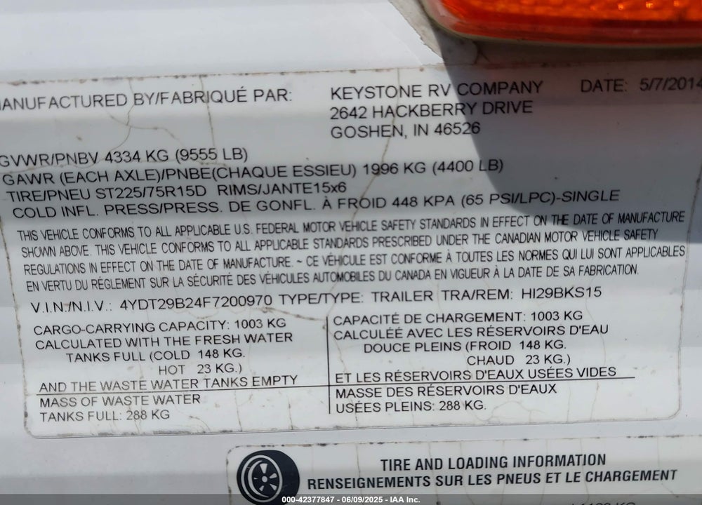 2015 KEYSTONE HIDEOUT VIN: 4YDT29B24F7200970