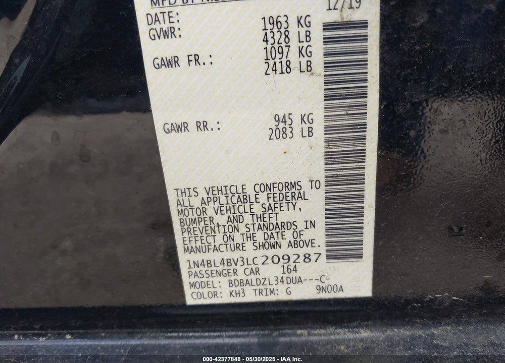 2020 NISSAN ALTIMA VIN: 1N4BL4BV3LC209287