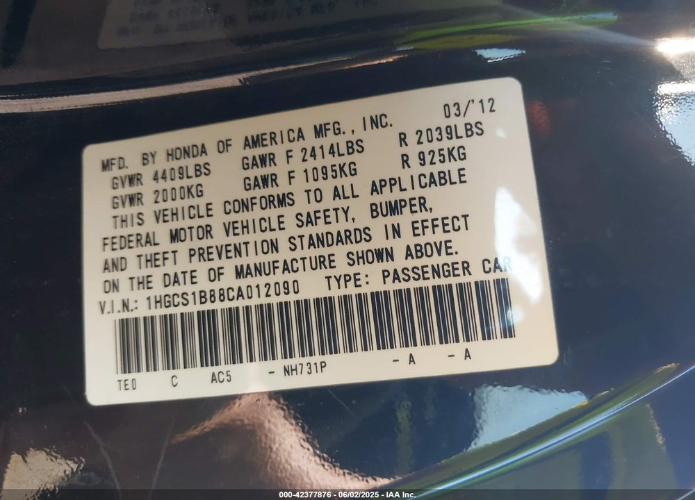 2012 HONDA ACCORD VIN: 1HGCS1B88CA012090