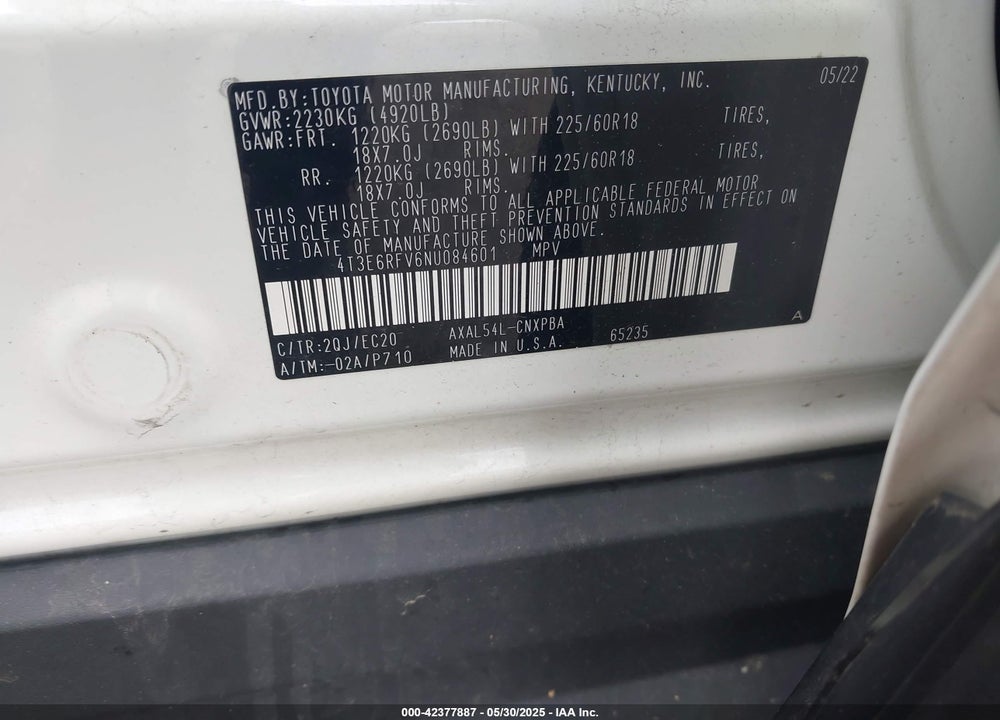 2022 TOYOTA RAV4 VIN: 4T3E6RFV6NU084601