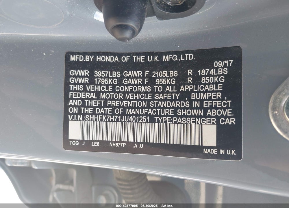 2018 HONDA CIVIC VIN: SHHFK7H71JU401251
