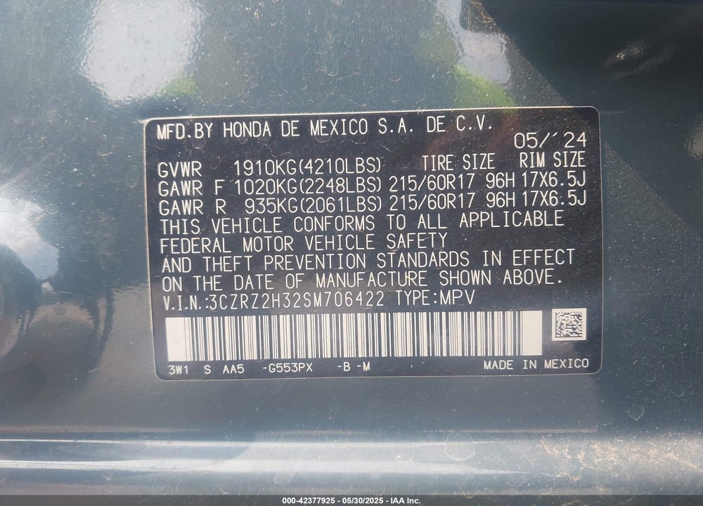 2025 HONDA HR-V VIN: 3CZRZ2H32SM706422