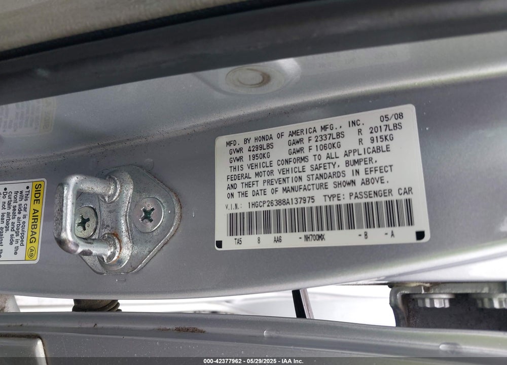2008 HONDA ACCORD VIN: 1HGCP26388A137975