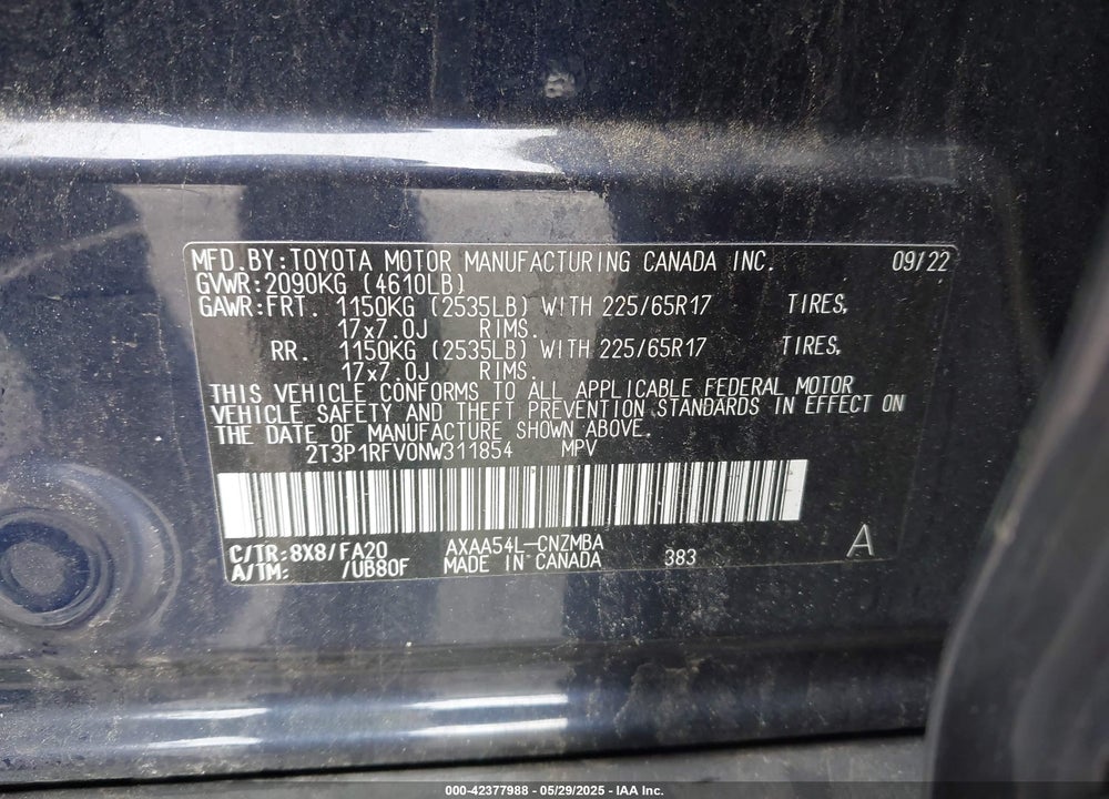 2022 TOYOTA RAV4 VIN: 2T3P1RFV0NW311854