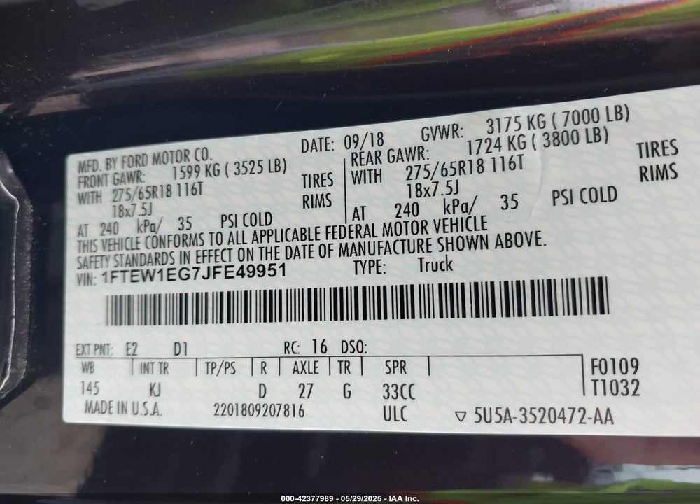 2018 FORD F-150 VIN: 1FTEW1EG7JFE49951