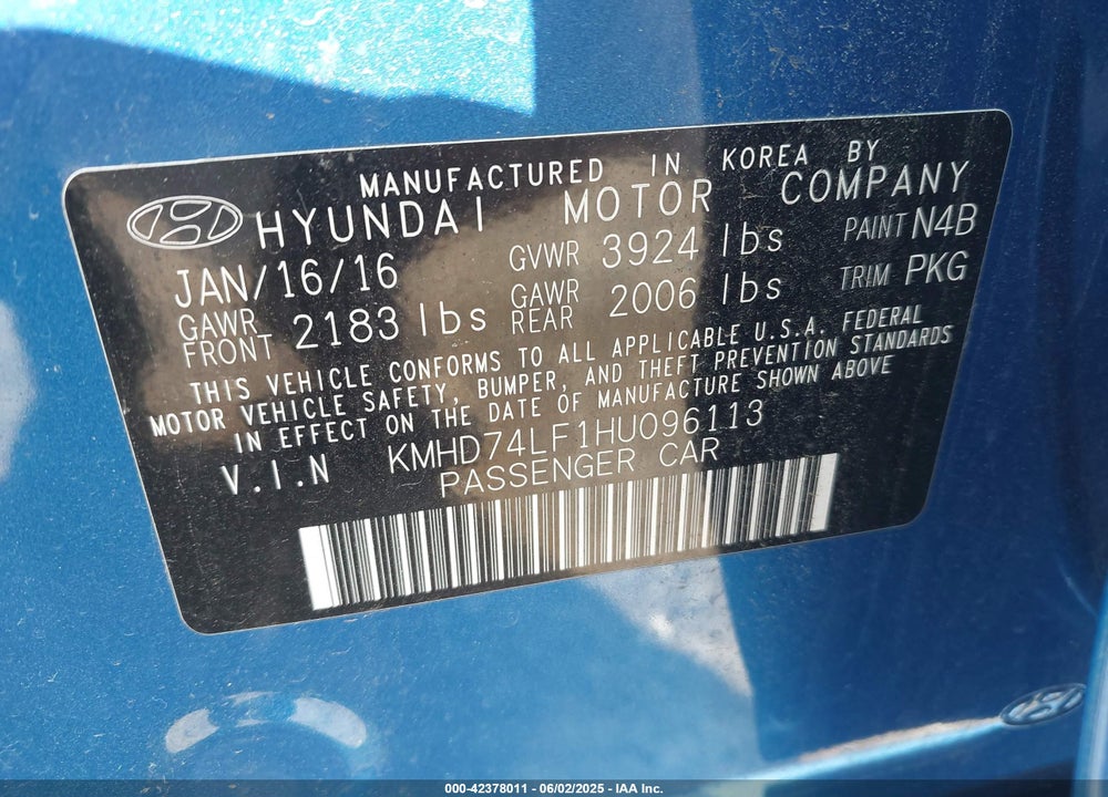 2017 HYUNDAI ELANTRA SE VIN: KMHD74LF1HU096113