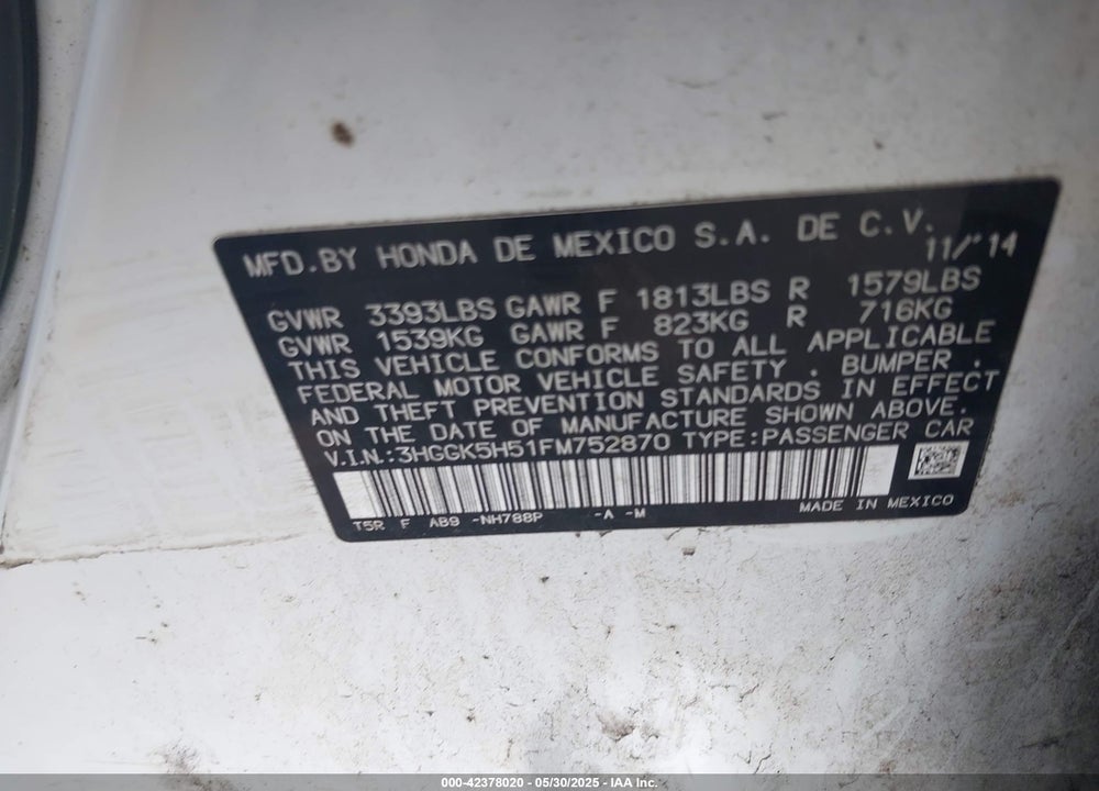 2015 HONDA FIT LX VIN: 3HGGK5H51FM752870