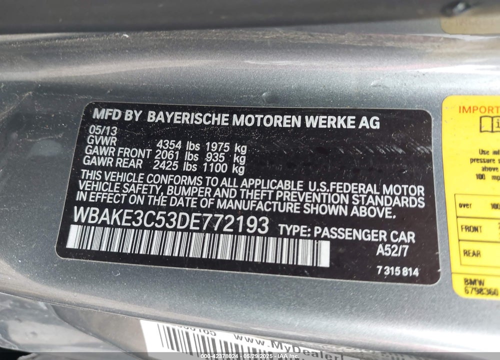 2013 BMW 328 VIN: WBAKE3C53DE772193
