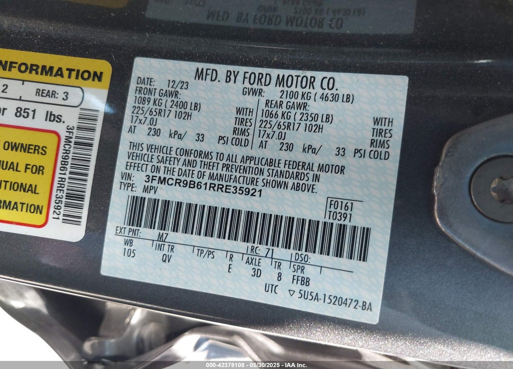 2024 FORD BRONCO SPORT BIG BEND VIN: 3FMCR9B61RRE35921