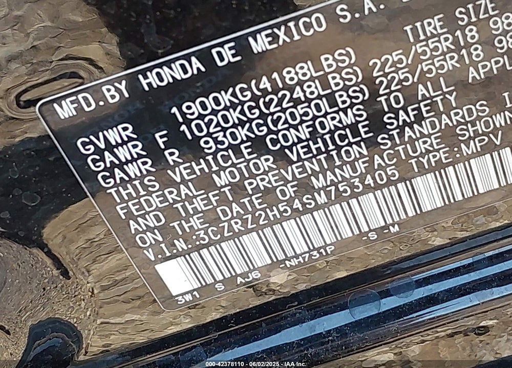 2025 HONDA HR-V VIN: 3CZRZ2H54SM753405