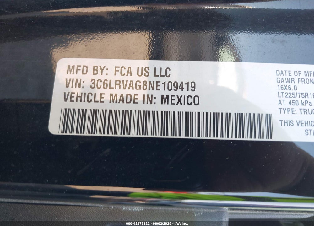 2022 RAM PROMASTER 1500 LOW ROOF 136 WB VIN: 3C6LRVAG8NE109419