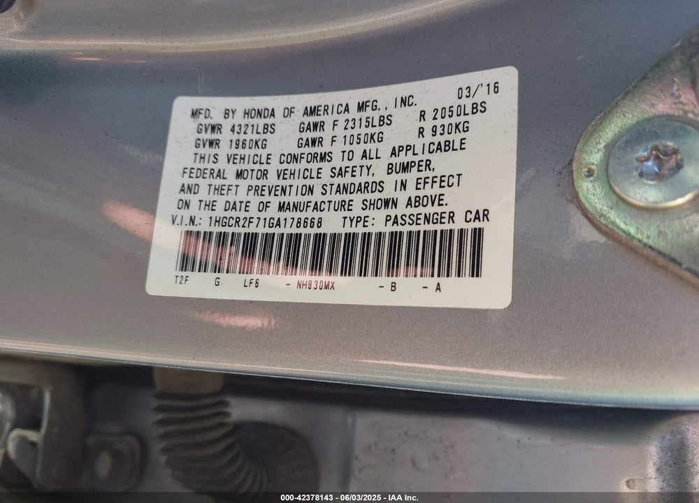 2016 HONDA ACCORD VIN: 1HGCR2F71GA178668