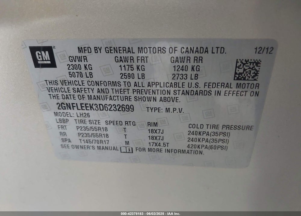 2013 CHEVROLET EQUINOX VIN: 2GNFLEEK3D6232699