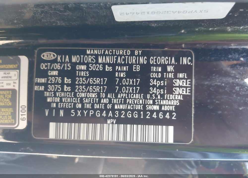 2016 KIA SORENTO VIN: 5XYPG4A32GG124642