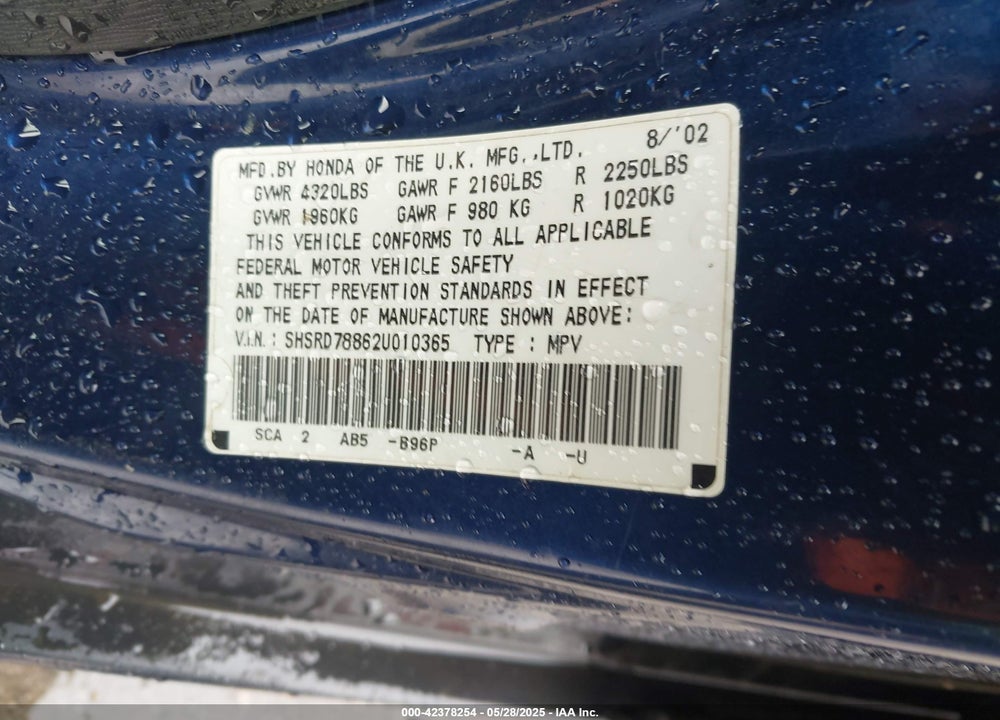 2002 HONDA CR-V EX VIN: SHSRD78862U010365