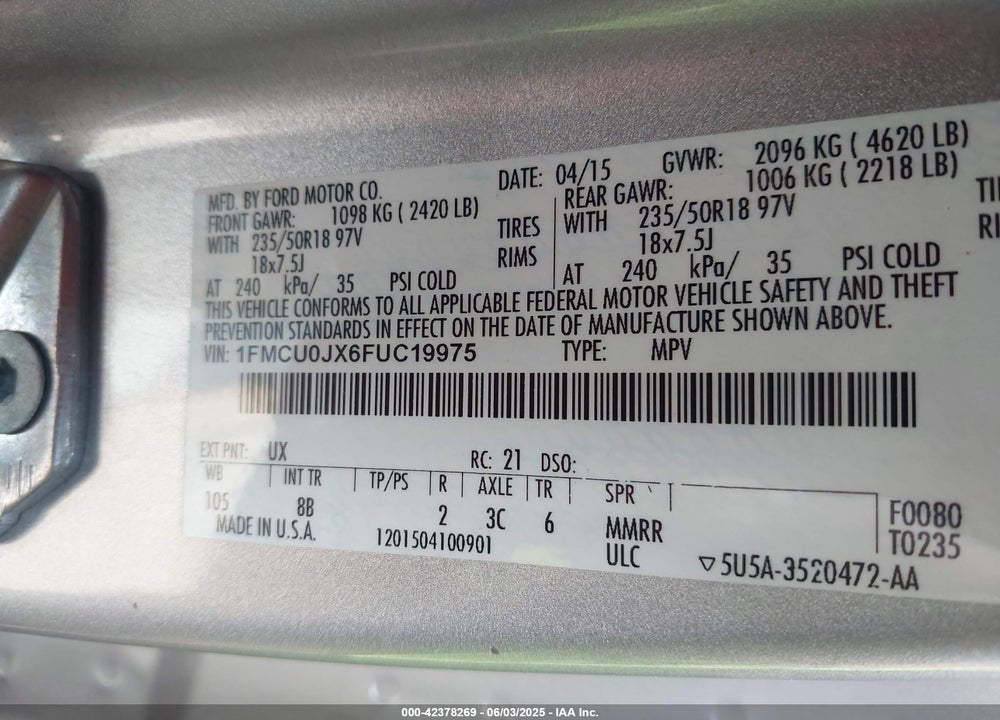 2015 FORD ESCAPE VIN: 1FMCU0JX6FUC19975