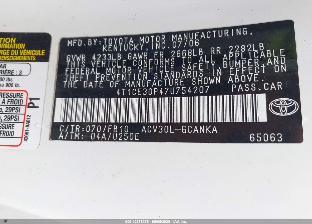 2007 TOYOTA CAMRY VIN: 4T1CE30P47U754207