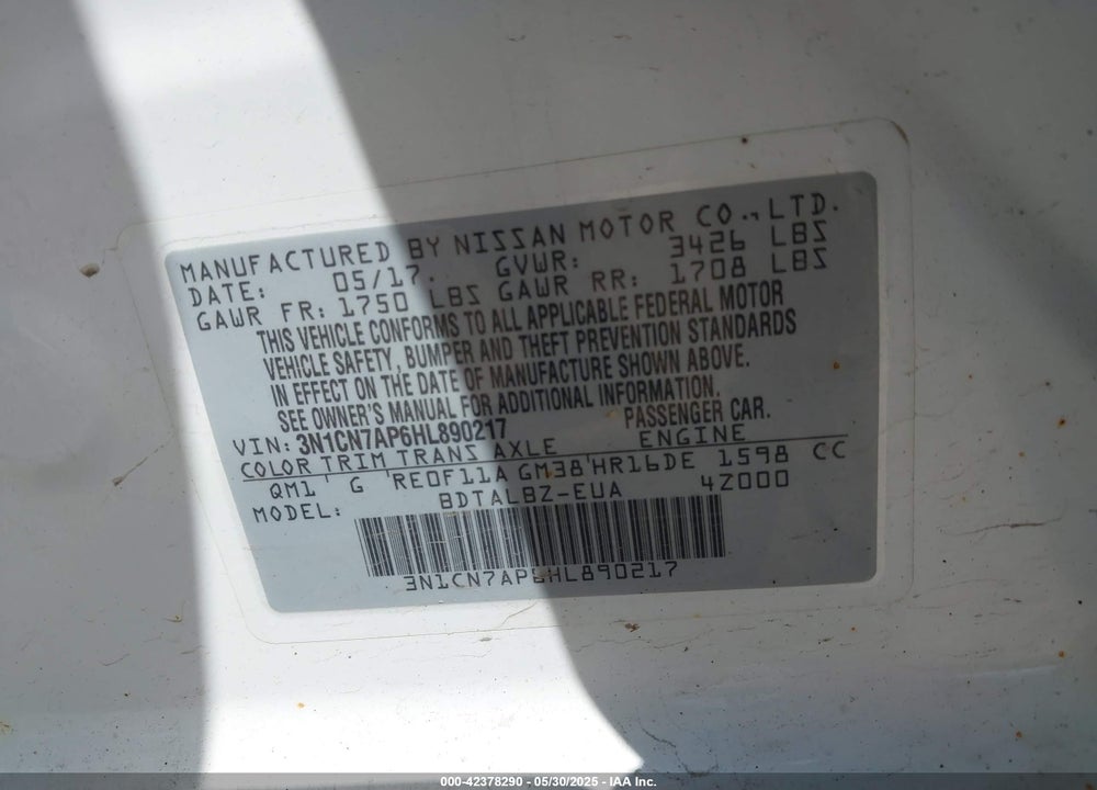 2017 NISSAN VERSA 1.6 SV VIN: 3N1CN7AP6HL890217