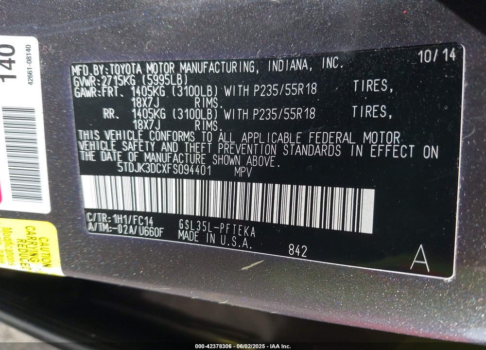 2015 TOYOTA SIENNA VIN: 5TDJK3DCXFS094401