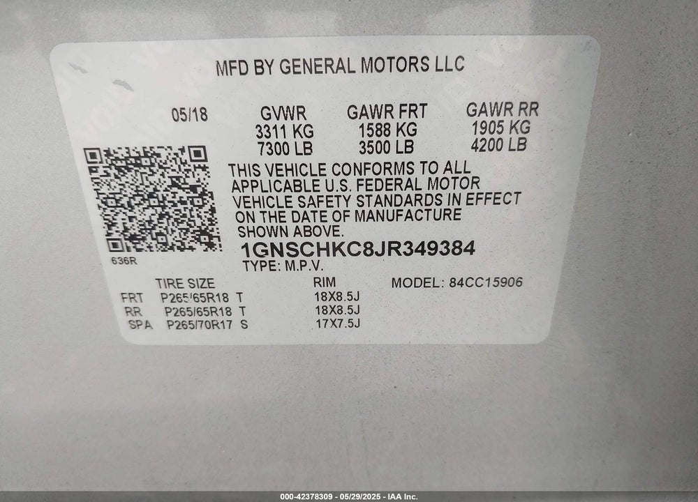2018 CHEVROLET SUBURBAN VIN: 1GNSCHKC8JR349384