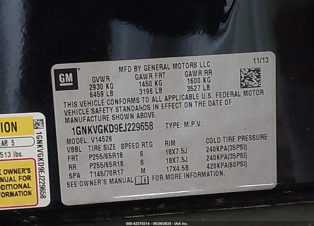 2014 CHEVROLET TRAVERSE 1LT VIN: 1GNKVGKD9EJ229658