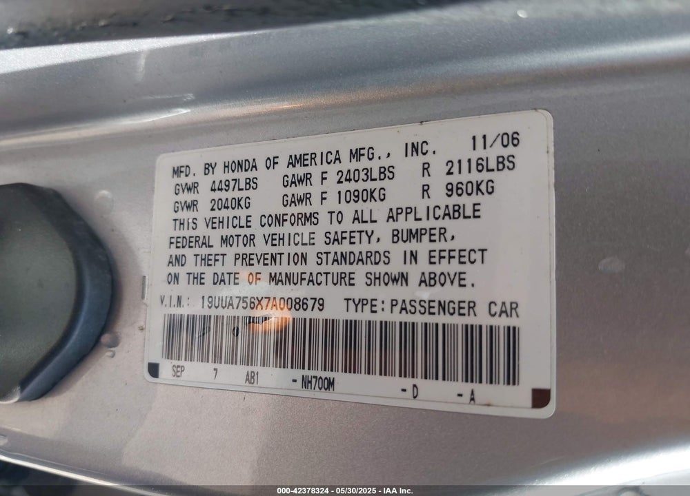 2007 ACURA TL VIN: 19UUA756X7A008679