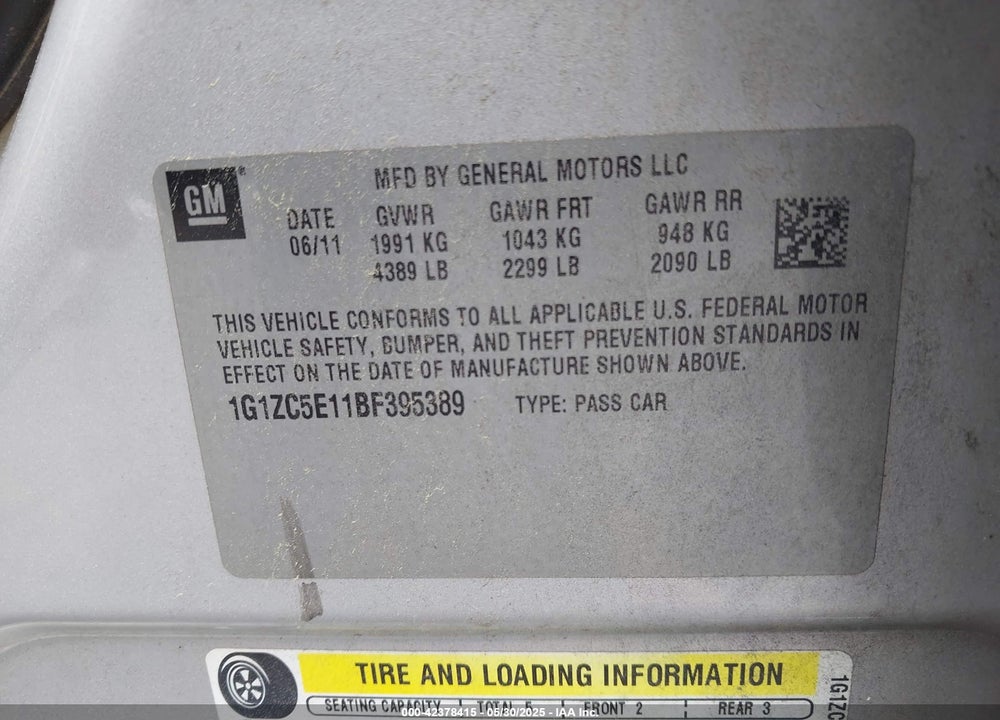 2011 CHEVROLET MALIBU 1LT VIN: 1G1ZC5E11BF395389