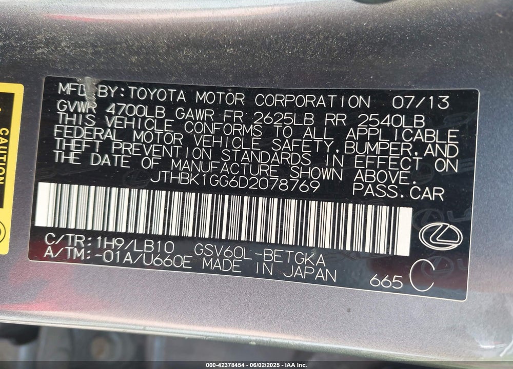 2013 LEXUS ES VIN: JTHBK1GG6D2078769