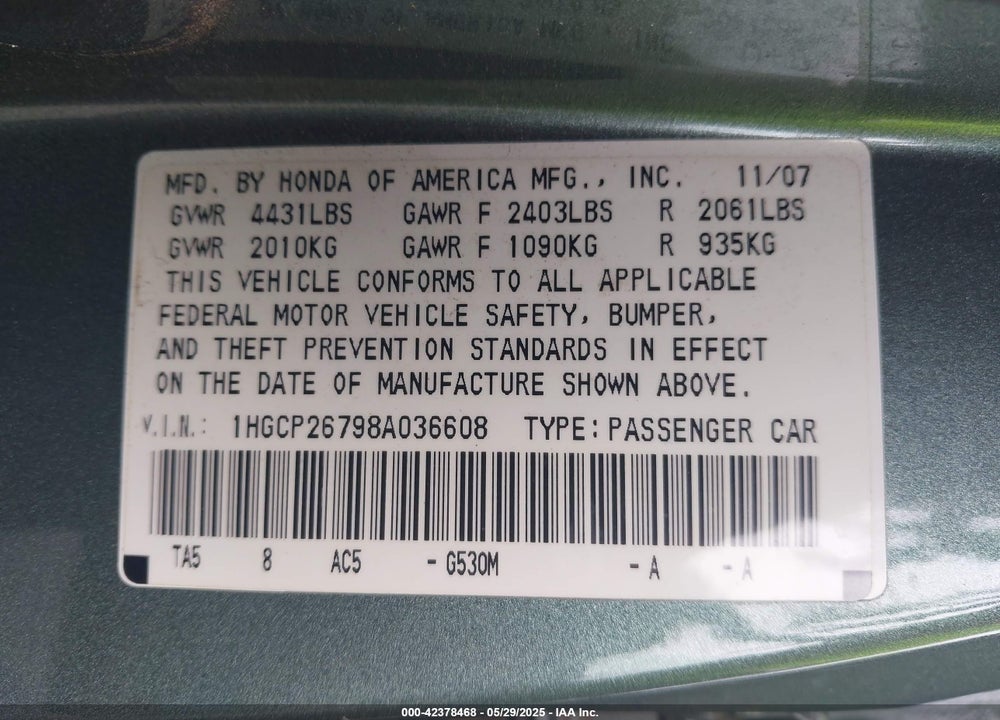 2008 HONDA ACCORD VIN: 1HGCP26798A036608