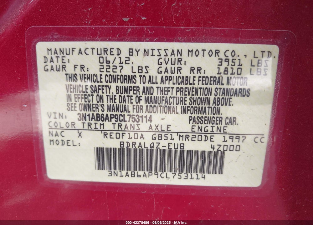 2012 NISSAN SENTRA VIN: 3N1AB6AP9CL753114
