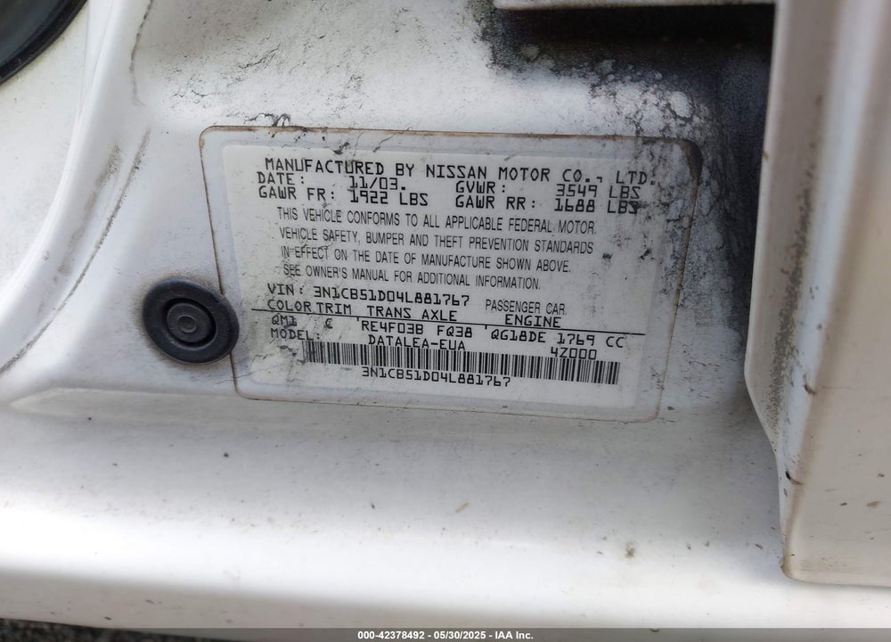 2004 NISSAN SENTRA 1.8/1.8S VIN: 3N1CB51D04L881767