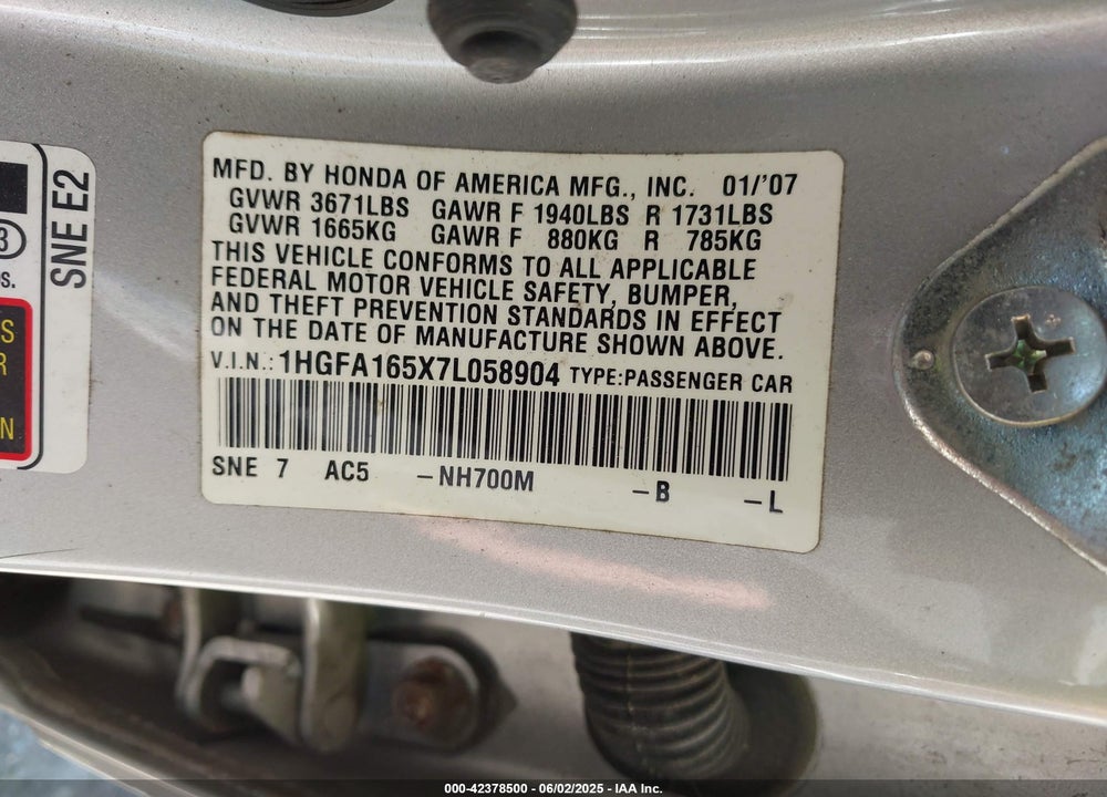 2007 HONDA CIVIC LX VIN: 1HGFA165X7L058904