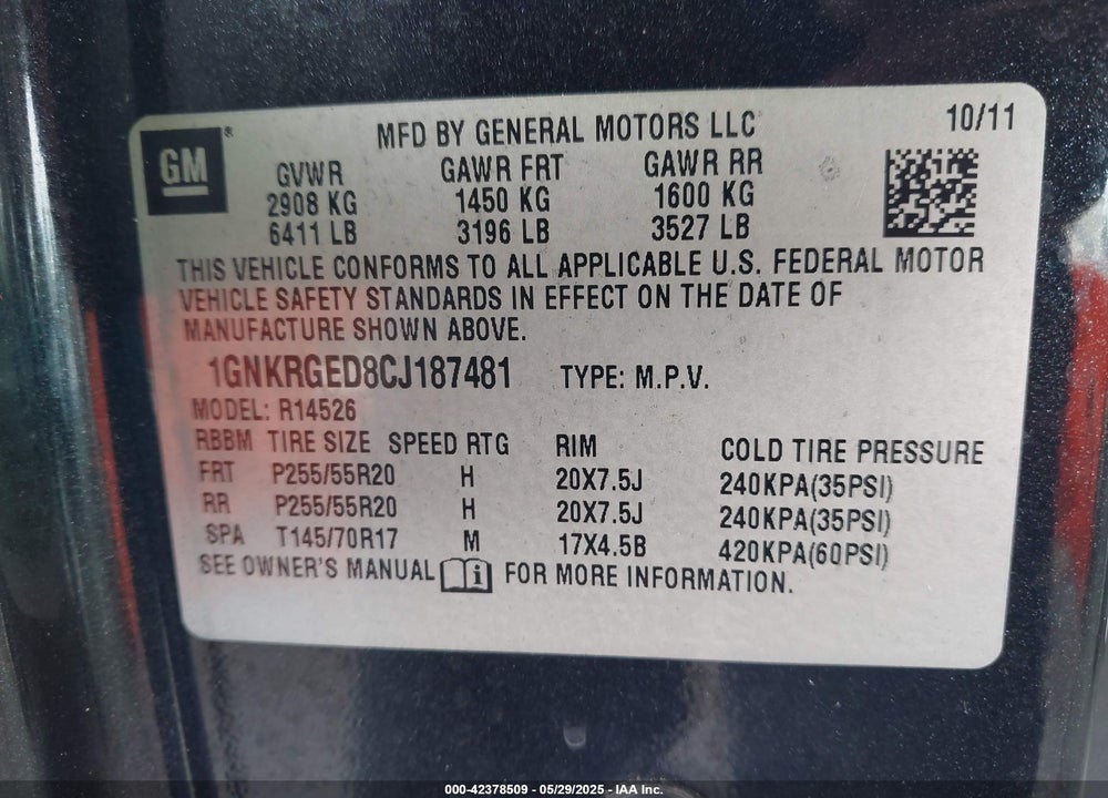 2012 CHEVROLET TRAVERSE 1LT VIN: 1GNKRGED8CJ187481