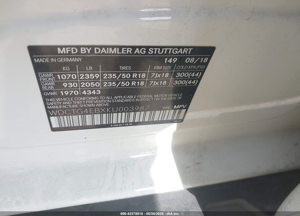 2019 MERCEDES-BENZ GLA-CLASS VIN: WDCTG4EBXKU003987