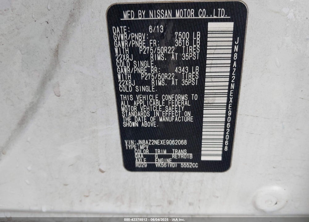 2014 INFINITI QX80 VIN: JN8AZ2NEXE9062068