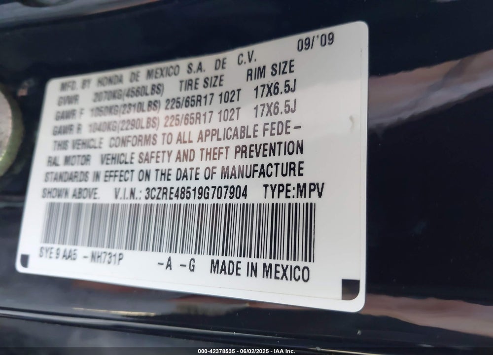 2009 HONDA CR-V EX VIN: 3CZRE48519G707904
