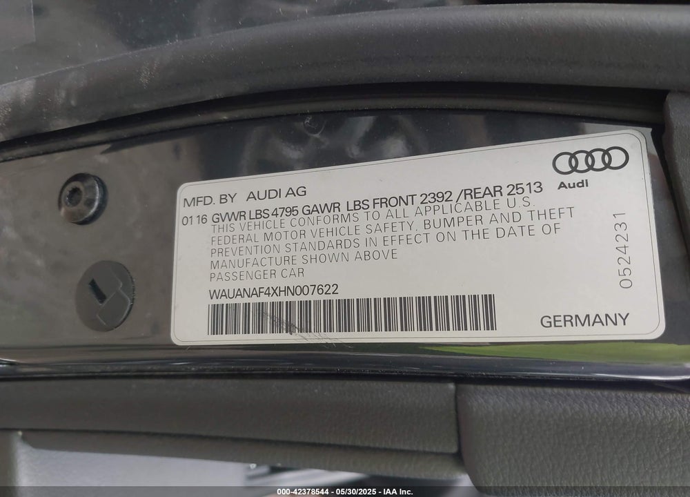 2017 AUDI A4 VIN: WAUANAF4XHN007622