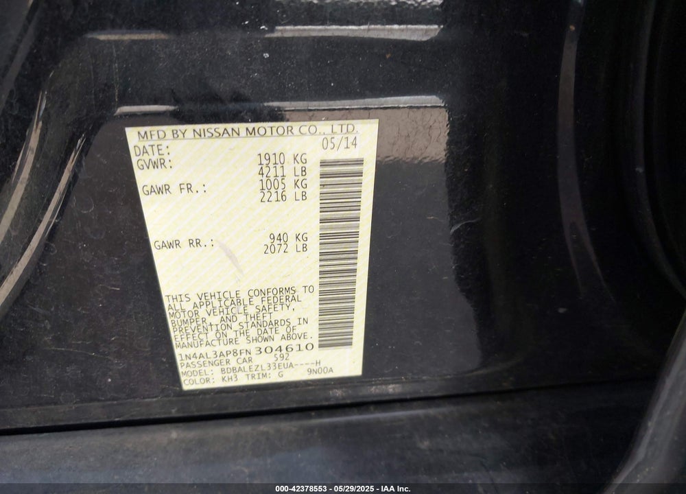 2015 NISSAN ALTIMA 2.5 S VIN: 1N4AL3AP8FN304610