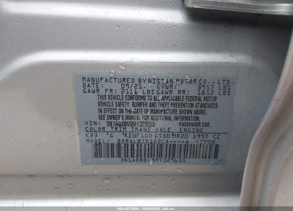 2021 NISSAN SENTRA VIN: 3N1AB8BV9MY329655
