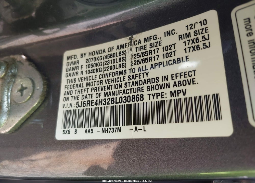 2011 HONDA CR-V VIN: 5J6RE4H32BL030868