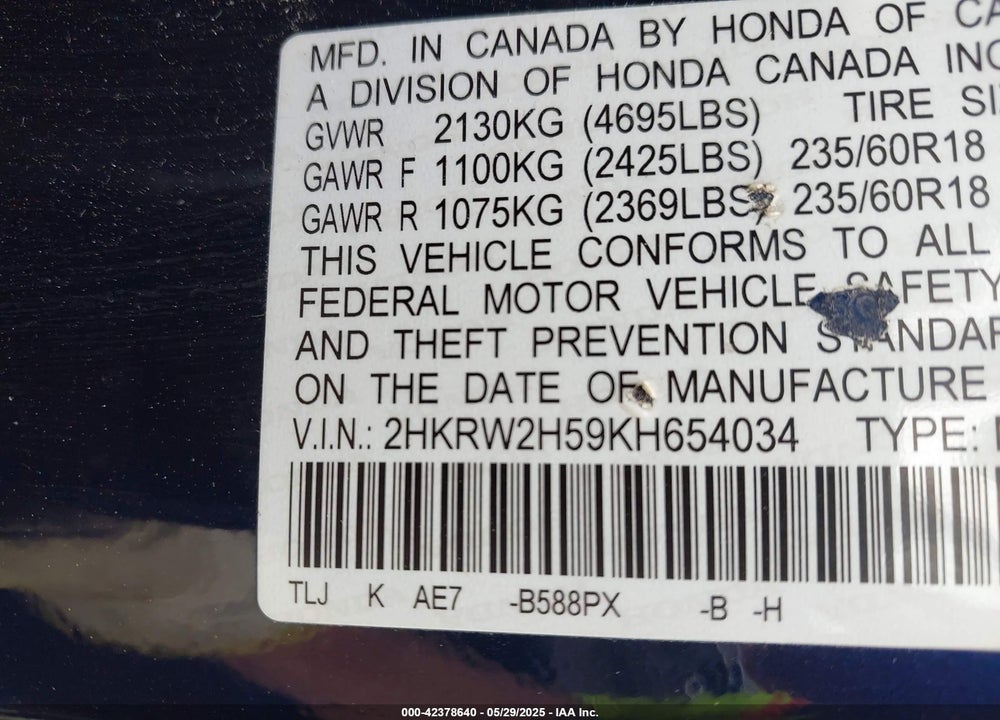2019 HONDA CR-V VIN: 2HKRW2H59KH654034