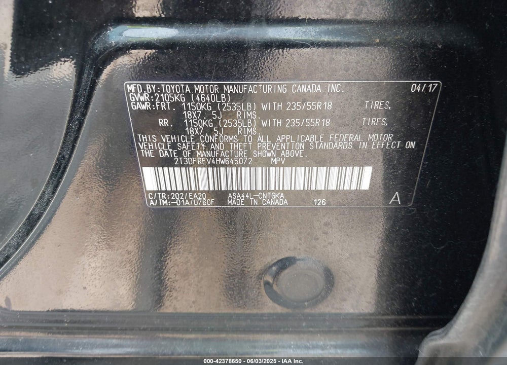 2017 TOYOTA RAV4 VIN: 2T3DFREV4HW645072